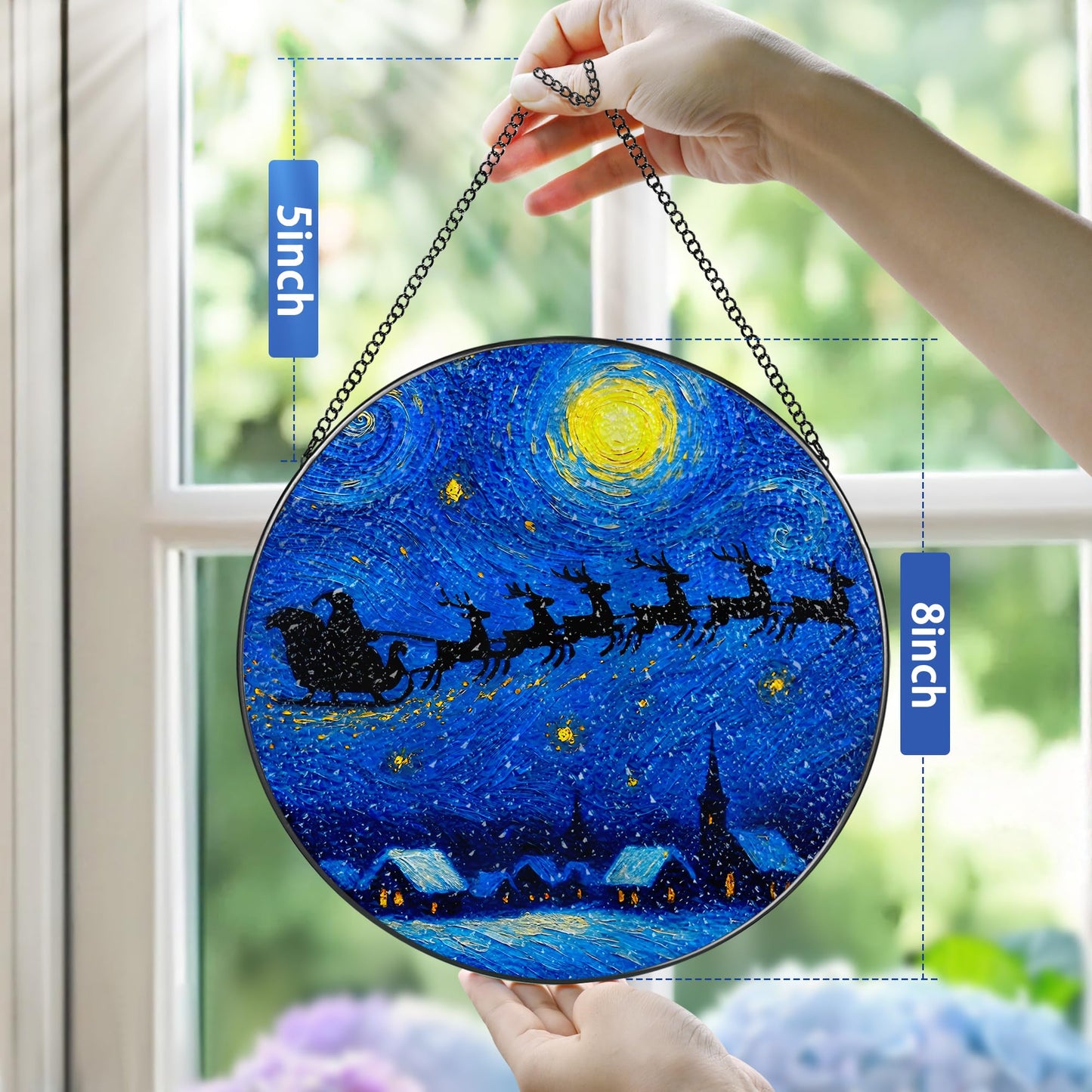 8-Inch Starry Night Santa Sleigh Stained Glass Window Hanging & Ornament: Stained Glass Suncatcher Ornament, Sun Catcher Window Decor – Gifts Exchange, Gift Idea, Gifts for Christmas & Holidays