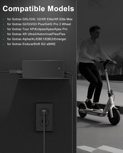 VHBW 42V 2A Electric Scooter Charger–Compatible with GoTrax GXL V2, Apex, XR Ultra, Electric Scooters with 36V Lithium Battery - Round DC Plug (Not 3-Prong or XLR)