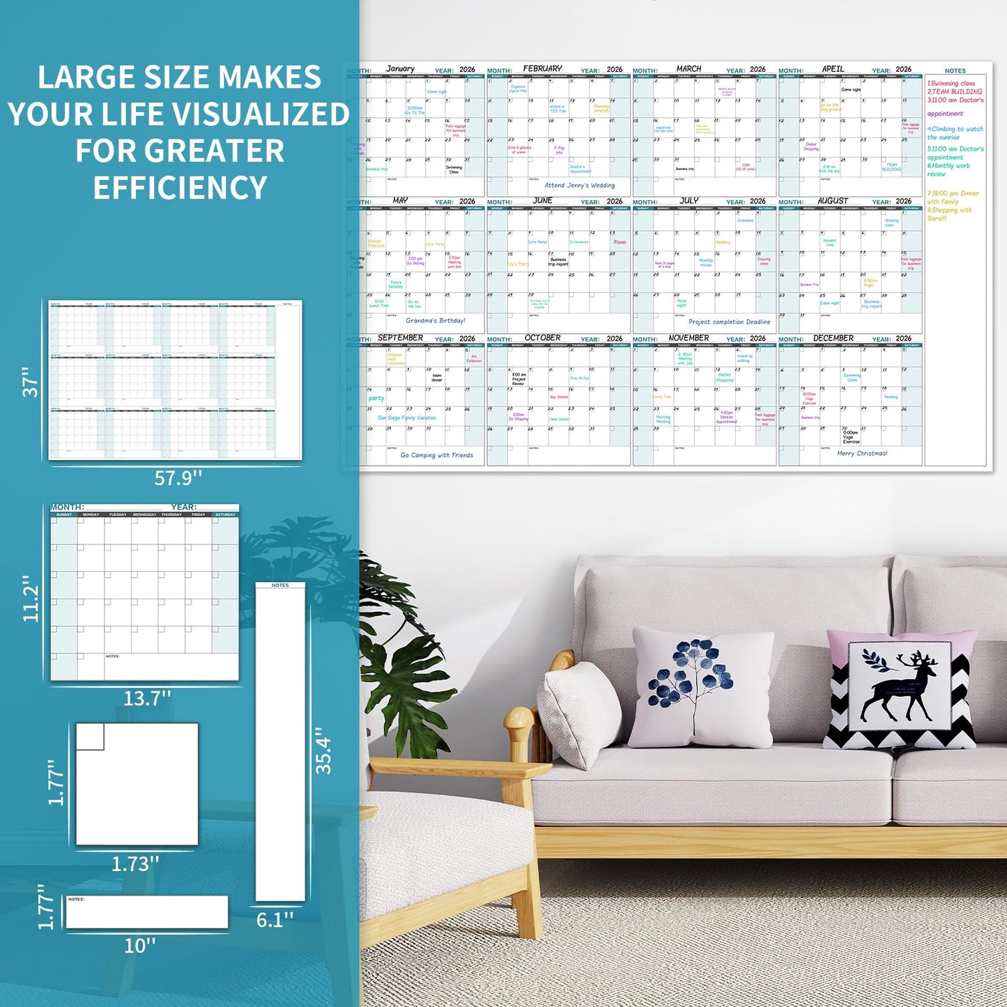 Large Dry Erase Calendar for Wall – Yearly Wall Calendar Dry Erase, 58" x 37", 12-Month Undated Blank Calendar Planner, Reusable Laminated with 15 Round Stickers, Perfect Large Wall Calendar for Office, Home and Classroom