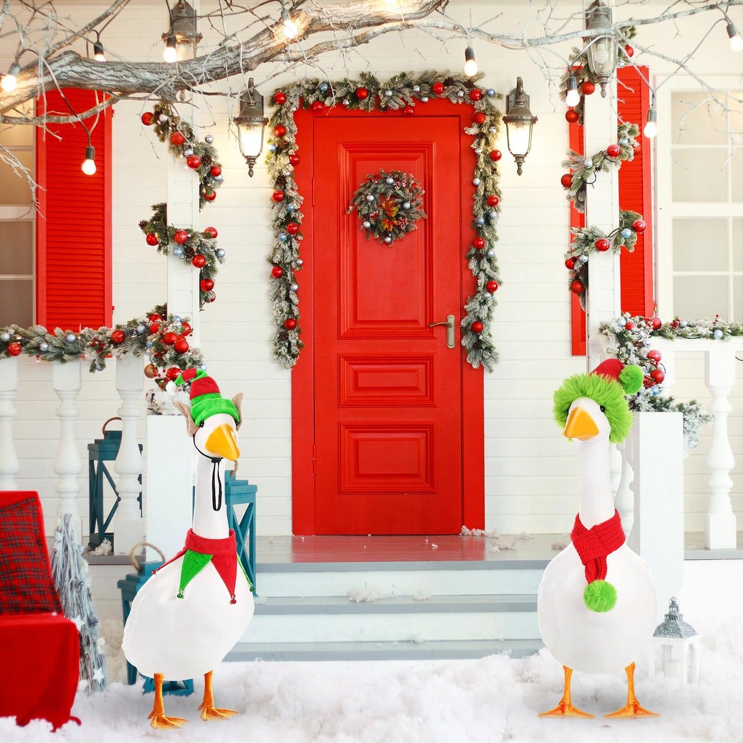 Dansydaisy 2 Set Christmas Porch Goose Outfits Santa Goose Clothes Xmas Hat Scarf for Cement Duck 23"/ 17'' Lawn Garden Christmas Party Patio Yard Outdoor (Playful)