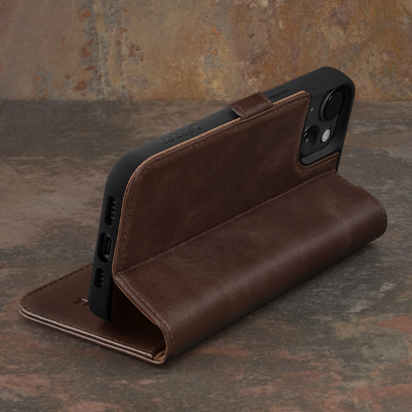 TORRO Premium Leather Case Compatible with iPhone 15 6.1" – Genuine Leather Wallet Flip Folio Case with Kickstand and Card Slots - Dark Brown