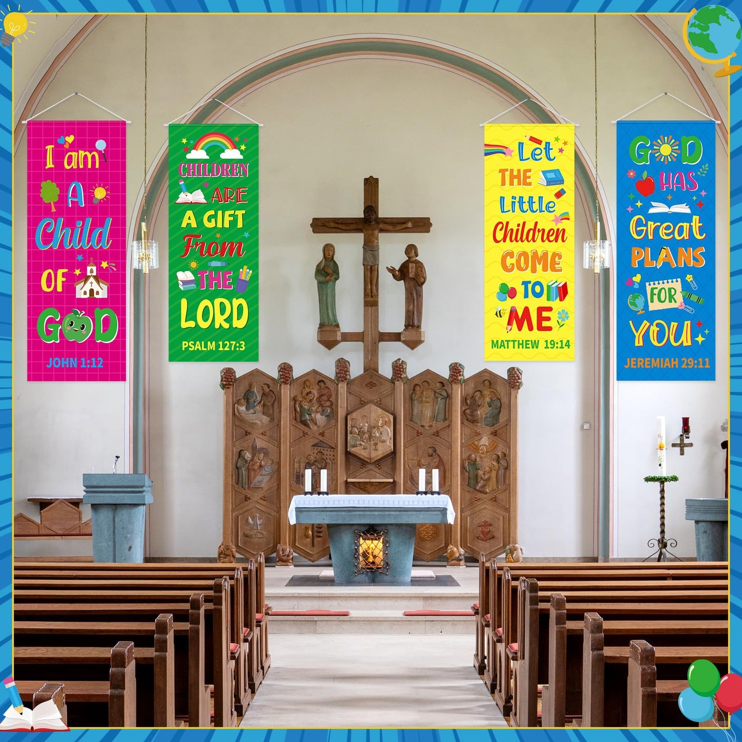 Panelee 4 Pcs Church Banners for Sanctuary Wall Rainbow Cartoon Church Banners with Scripture Inspirational Religious Praise Bible Verses Hanging Backdrop Signs for Sunday School Worship Decoration