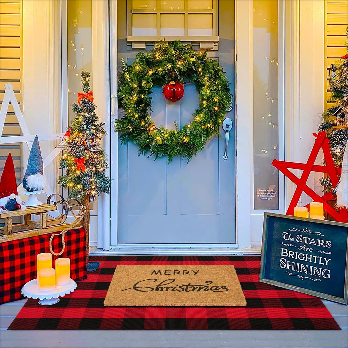 Christmas Door Mat Combo Set - 100% Coco Coir Welcome Mat + 3' x 5' Red and Black Plaid Rug, Christmas New Year Holiday Collection Doormat for Front Porch Entryway Decorative