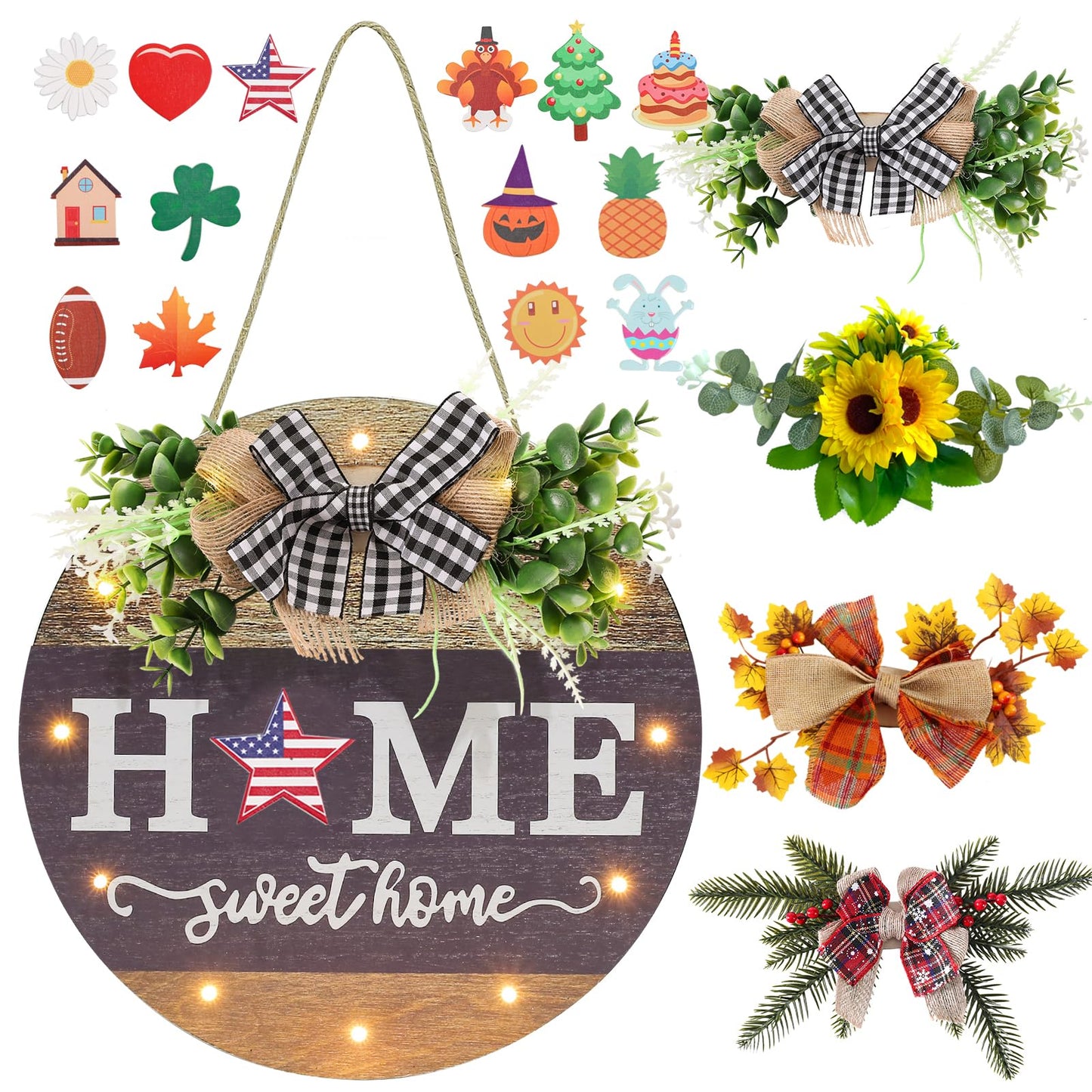 Interchangeable Seasonal Welcome Sign Front Door Decoration with 4 Seasonal Wreaths and LED Light, Rustic Round Wood Wreaths Wall Hanging Outdoor, Farmhouse Front Door Decoration Home Décor