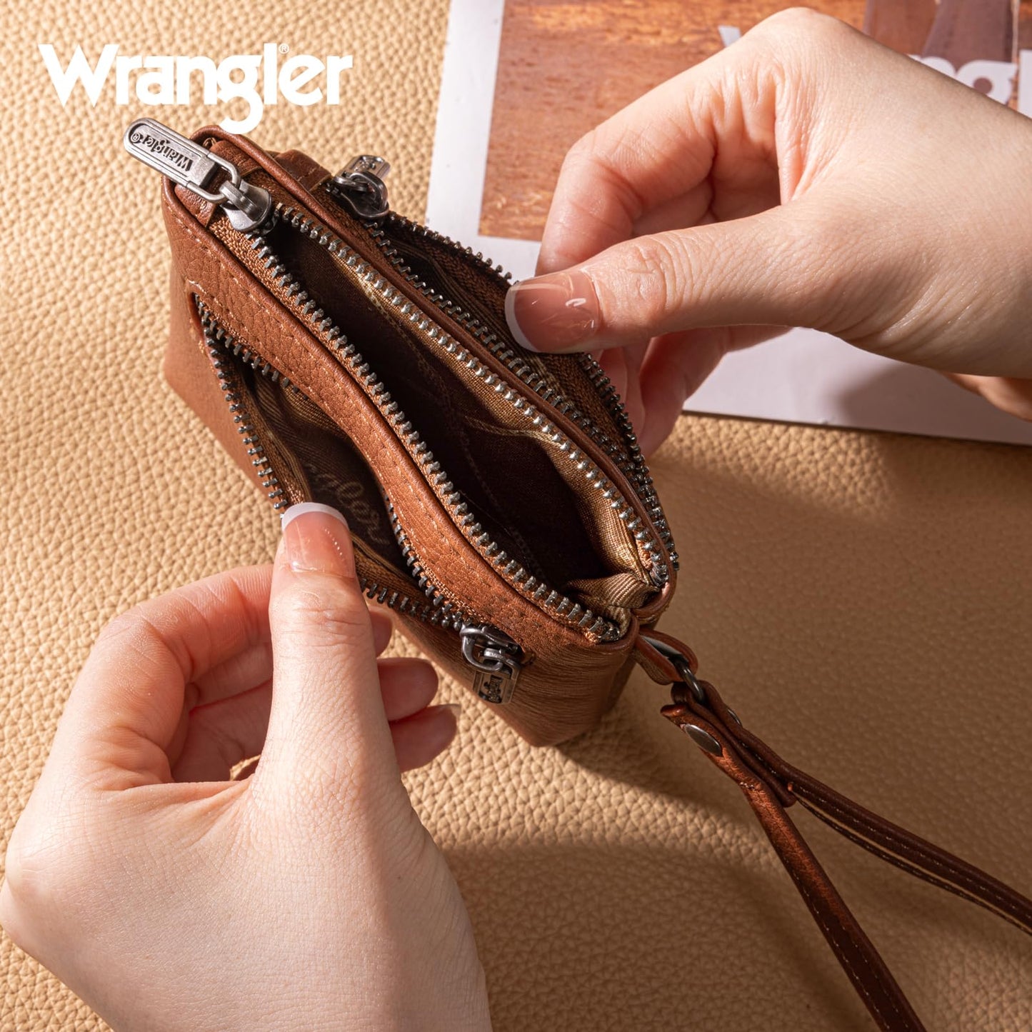Wrangler Coin Purse for Women RFID-blocking Floral Embossed Change Pouch Wristlet Wallet Lightweight Portable Wallets Brown