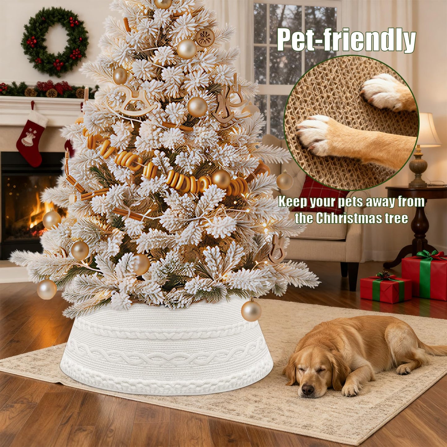 OurWarm 28 inch Christmas Tree Collar, Knit Cream White Christmas Tree Collars for Artificial Trees, Adjustable Tree Skirt Collar Base for 6ft 7.5ft 9ft Trees Holiday Home Indoor Xmas Tree Decoration