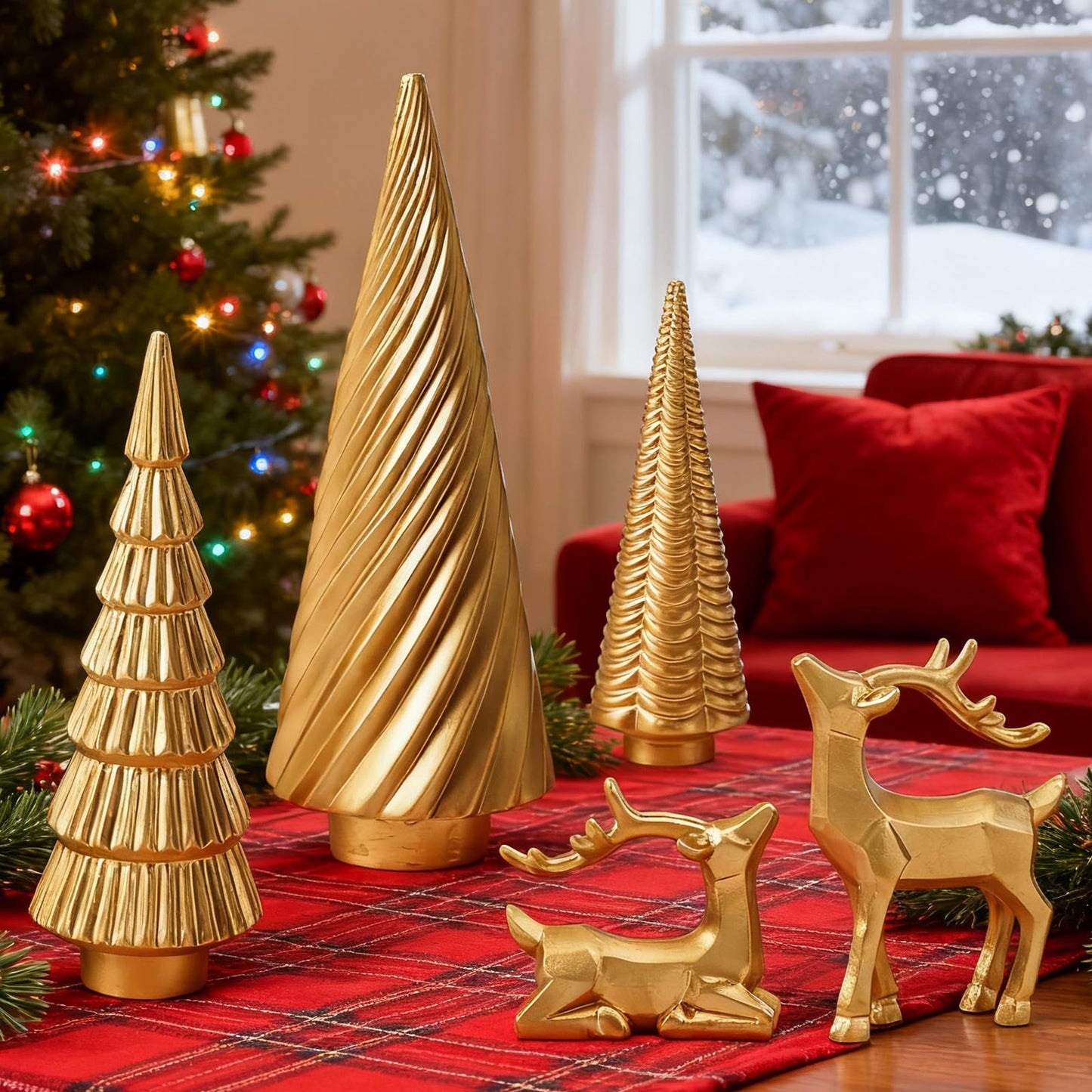 WDS WONDROUS Christmas Decoration Reindeer and Mini Trees Gold, Resin Reindeer Statues and Xmas Tree Figurines for Indoor Home Decor, Tabletop Mantle Cabinet Desktop Office