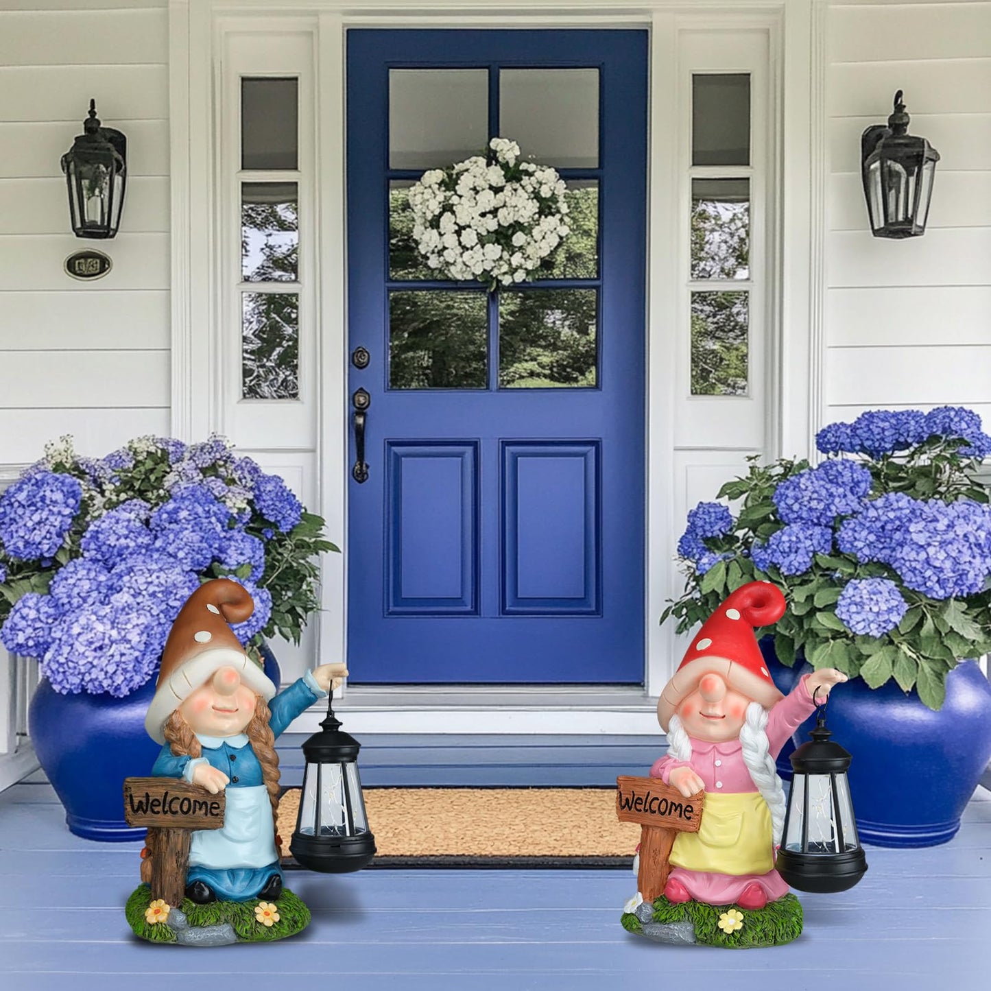 FLJZCZM Solar Garden Gnome Statue Holding LED Lantern with Welcome Sign Outdoor Ornaments Waterproof Christmas Decoration for Outside Patio Yard Lawn Decor (Pink)