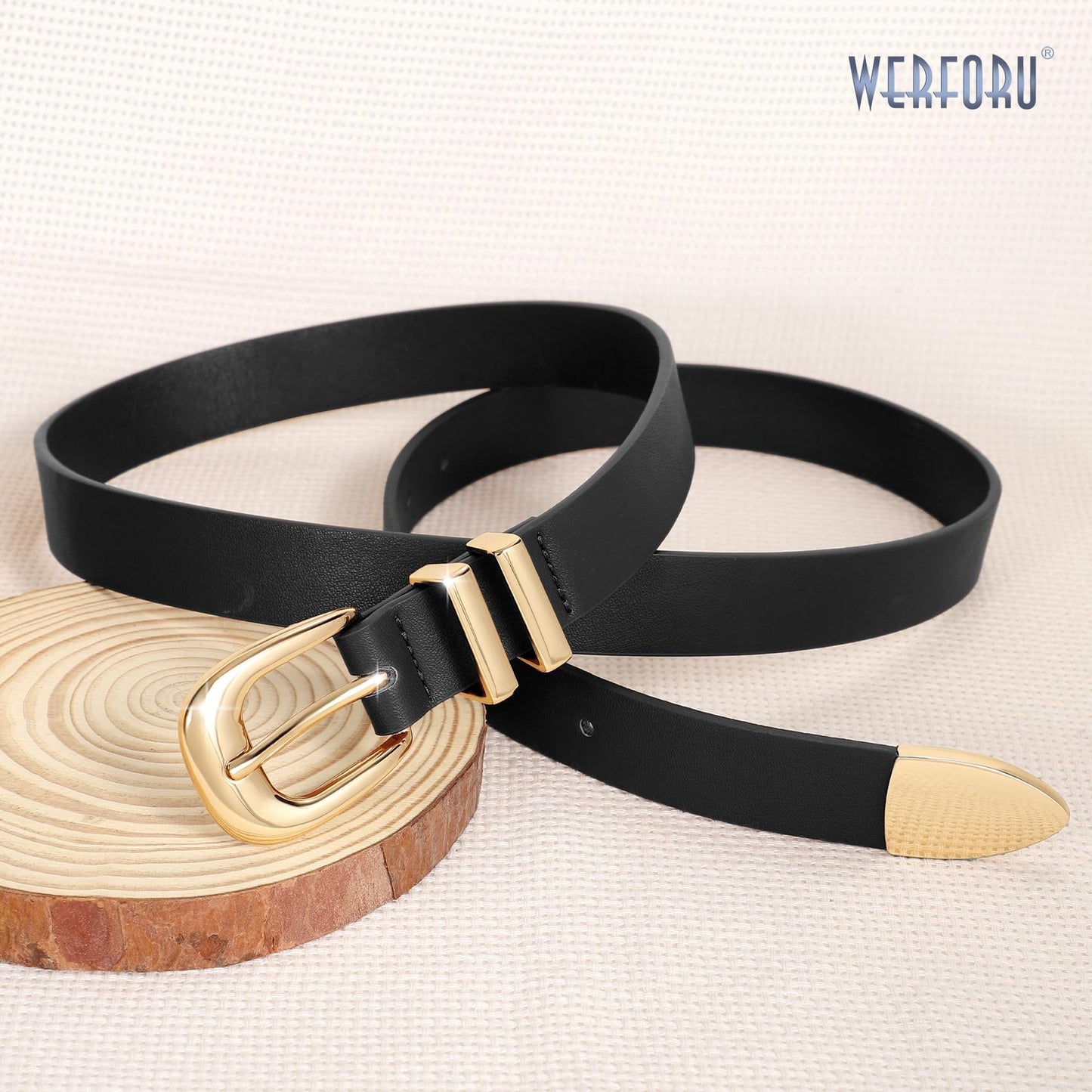 WERFORU Women Leather Belt Fashion Leather Waist Belt for Pants Jean Ladies Western Thin Belt with Gold/Silver Buckle （Fit Waist Size 31"-36",Black-Gold Buckle
