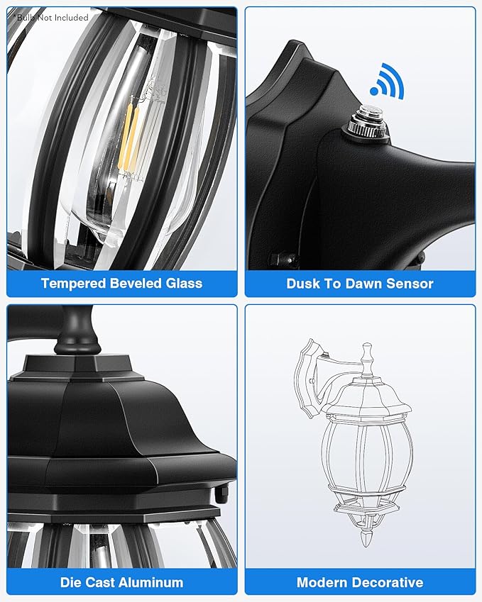 VIANIS Outdoor Porch Light Dusk to Dawn, Black Exterior Lighting Fixtures Wall Mount for House, Modern Outdoor Wall Sconce Lantern for Front Door, Patio, Anti-Rust Waterproof Coach Lights for Garage