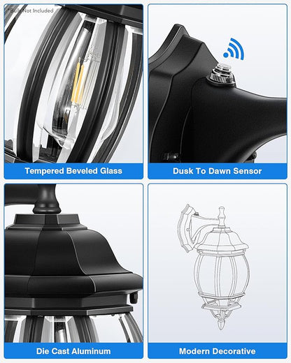 VIANIS Outdoor Porch Light Dusk to Dawn, Black Exterior Lighting Fixtures Wall Mount for House, Modern Outdoor Wall Sconce Lantern for Front Door, Patio, Anti-Rust Waterproof Coach Lights for Garage