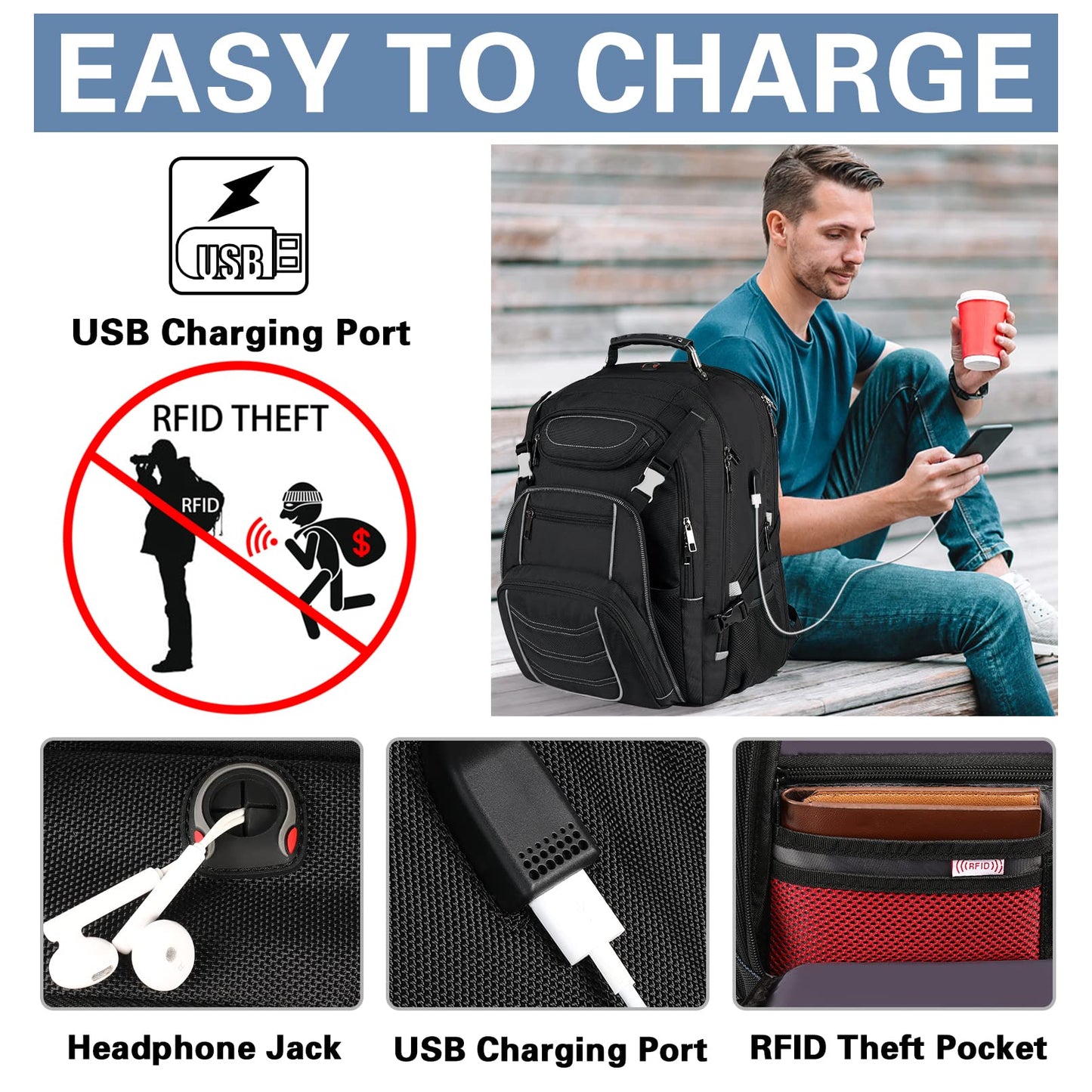 18.4 Laptop Backpack for Men, 60L Extra Large Gaming Laptops Backpack with USB Charger Port,TSA Friendly Flight Approved RFID Anti-Theft Pocket Heavy Duty Computer Bag Backbag,21.2*15.5*11.5 inch Grey