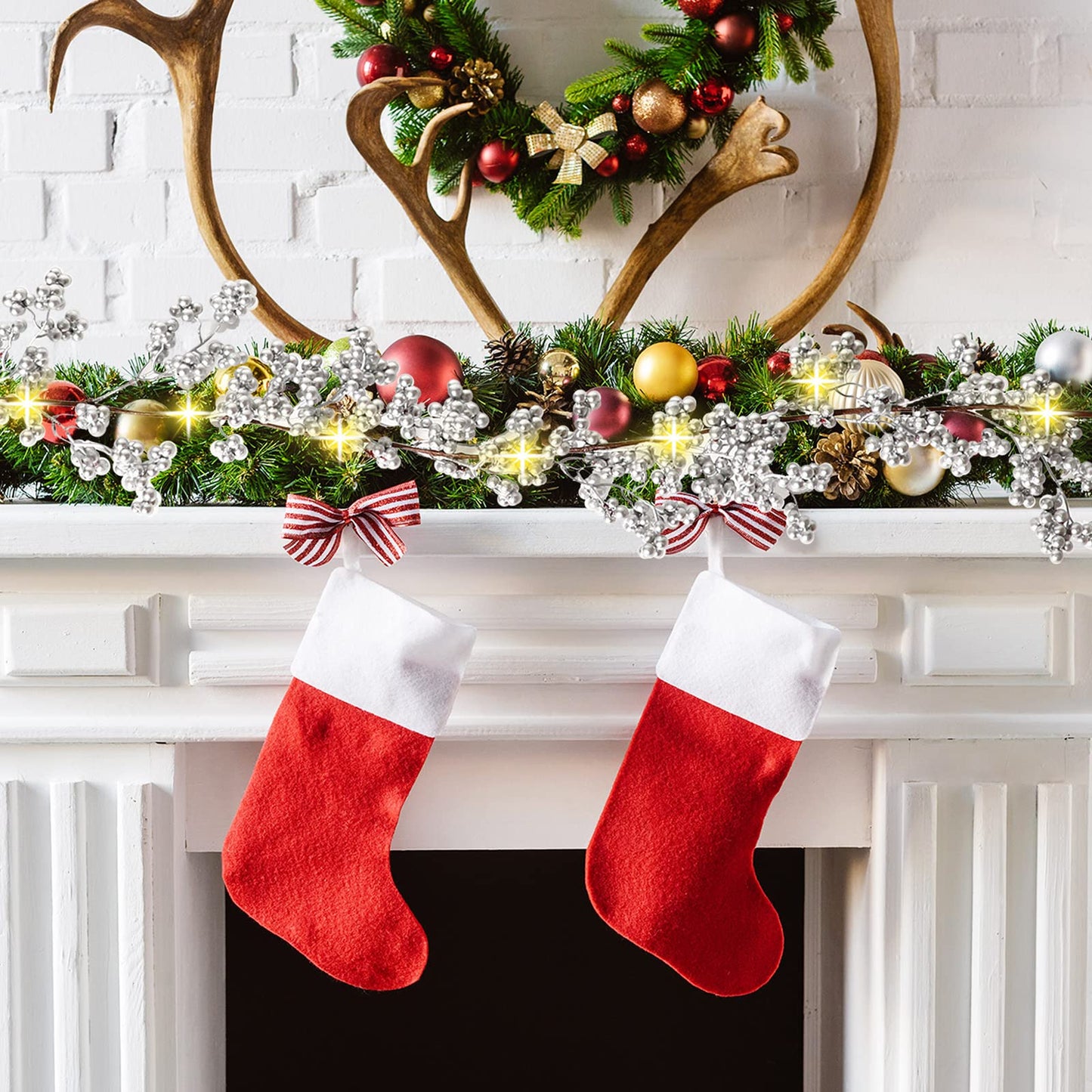 Syhood Christmas Berry String Garland with Lights Thanksgiving Artificial Lighted Garland for Xmas Winter Tree Decor Home Office Fireplace Mantel Decoration Holiday Valentines, 6 ft(Silver,1 Pc)