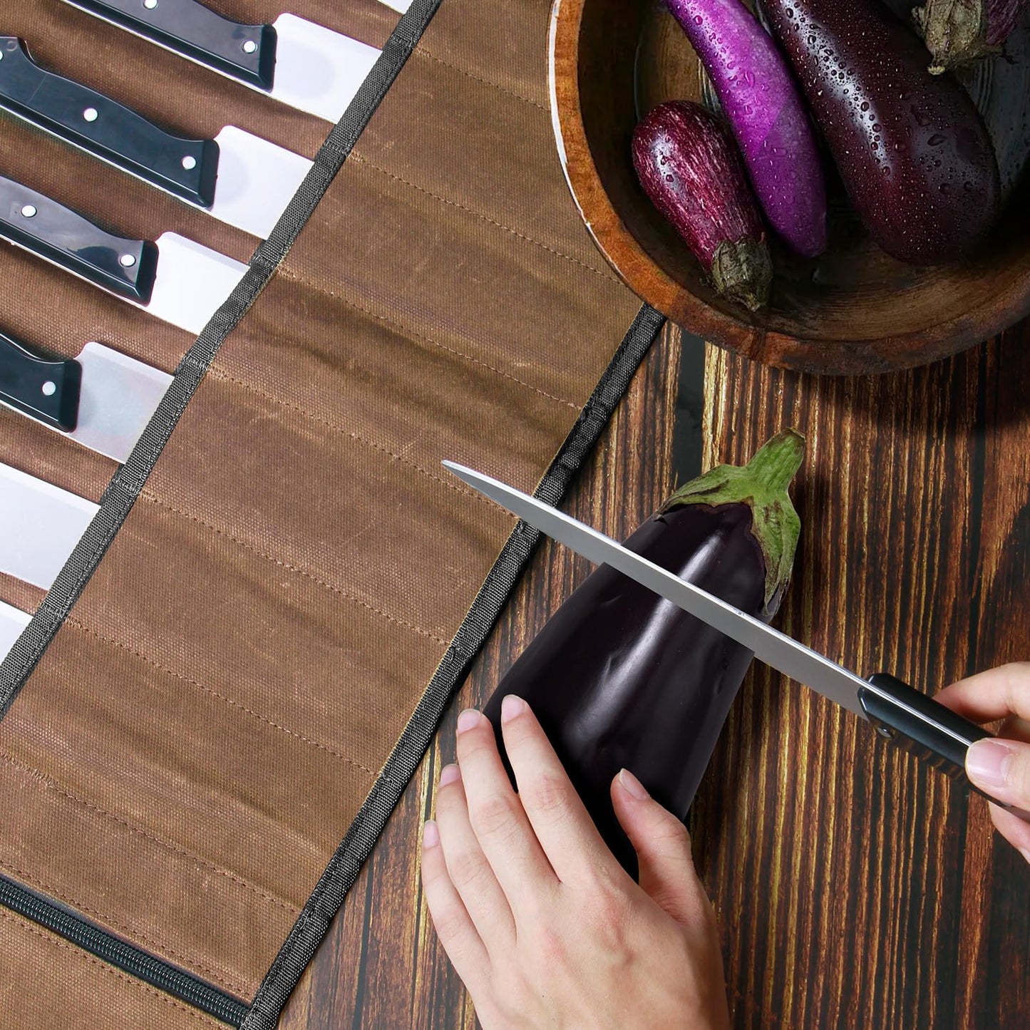 Chef Knife Roll Bag,Waxed Canvas Knife Travel Case,Heavy Duty Professional Knife Carrier Storage Holder with 10 Slots,Portable Kitchen Culinary Tool Organizer for Men,Fits up to 18.8” Knives.Khaki