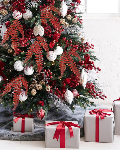 DILATATA 6Pcs Christmas Glitter Leaves Boston Fern Leaves 25" Artificial Red Fern Leaf Picks Sprays Giltter Stems for Christmas Tree DIY Xmas Wreath Garland Home Decor - Red