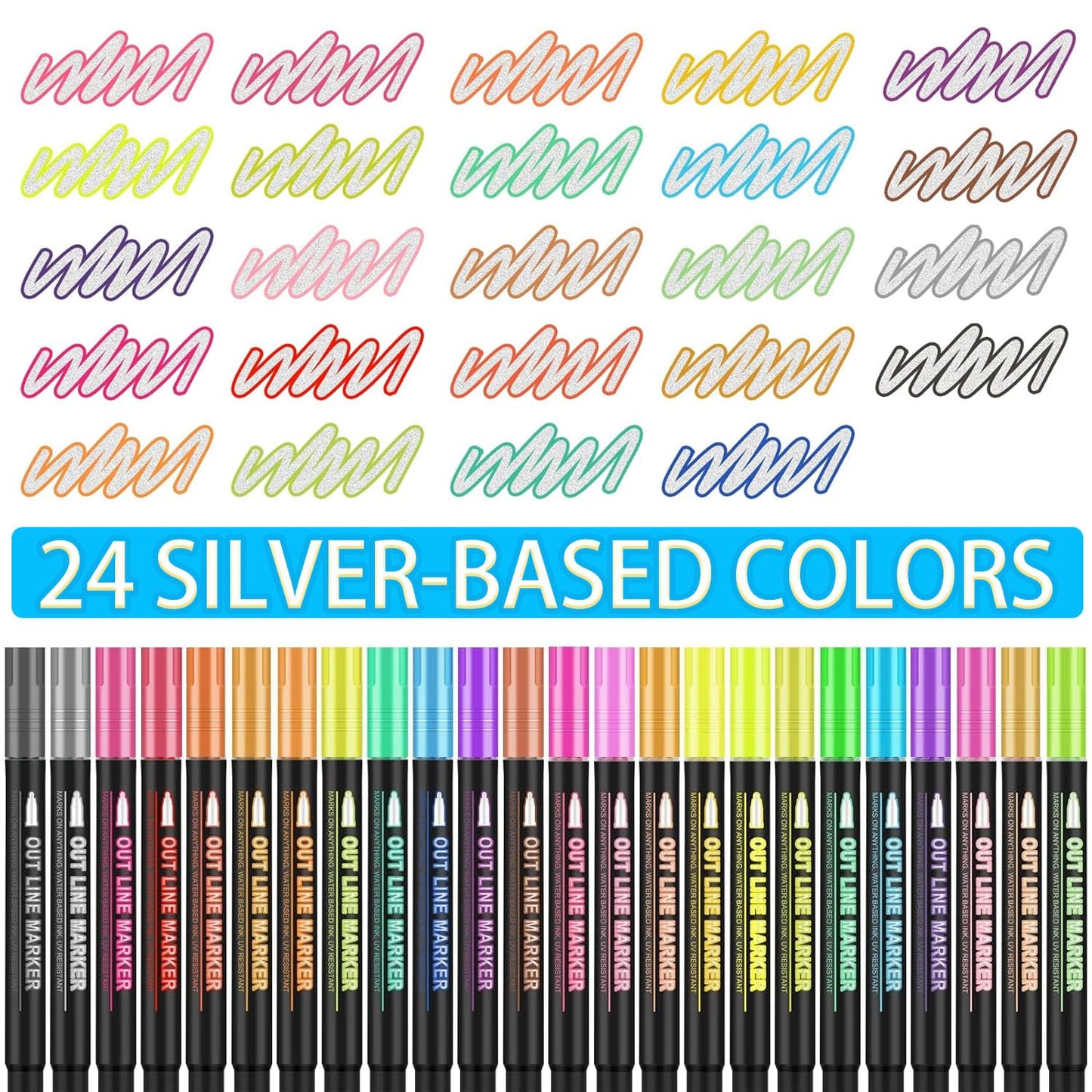 Double Line Outline Markers 24 Colors Super Squiggles Glitter Markers Self Outline Metallic Marker, Teen Girl Gifts Trendy Stuff, Doodle Shimmer Marker for Christmas Gift, Birthday, DIY Art Crafts
