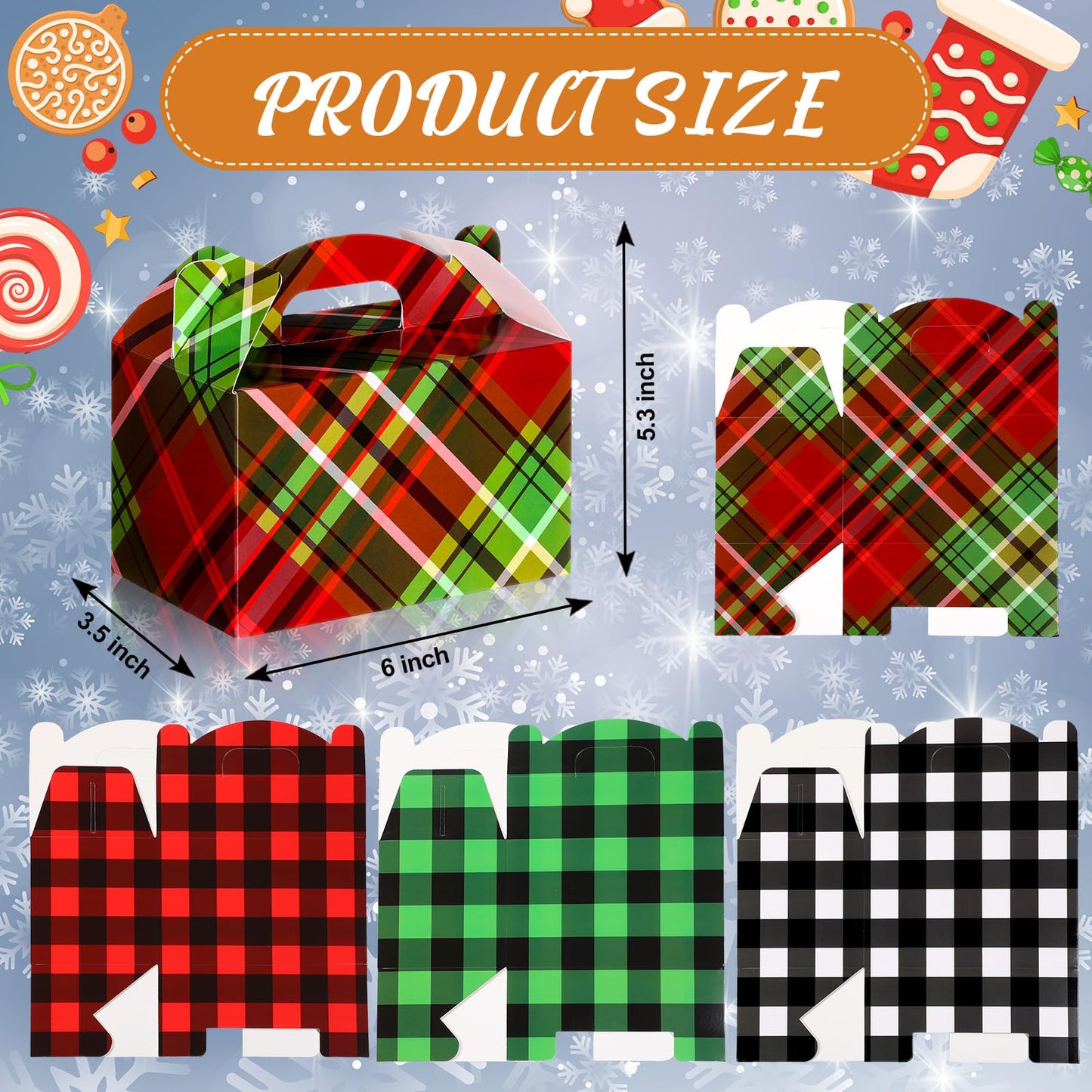 Clabby 24 Pcs Christmas Treat Boxes with Handles 3D Christmas Cookie Gift Boxes Cardboard Goodie Candy Bags Xmas Santa Elf Snowman Elk Gingerbread Holiday Party Favor Supplies, 4 Design(Plaid Style)