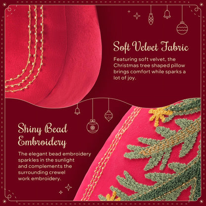 Phantoscope Merry Christmas Tree Decorative Throw Pillow, Velvet Beads Embroidery 3D Shaped Cushion, Suitable for Sofas, Living Rooms, and Beds, Red, 18 x 14 in