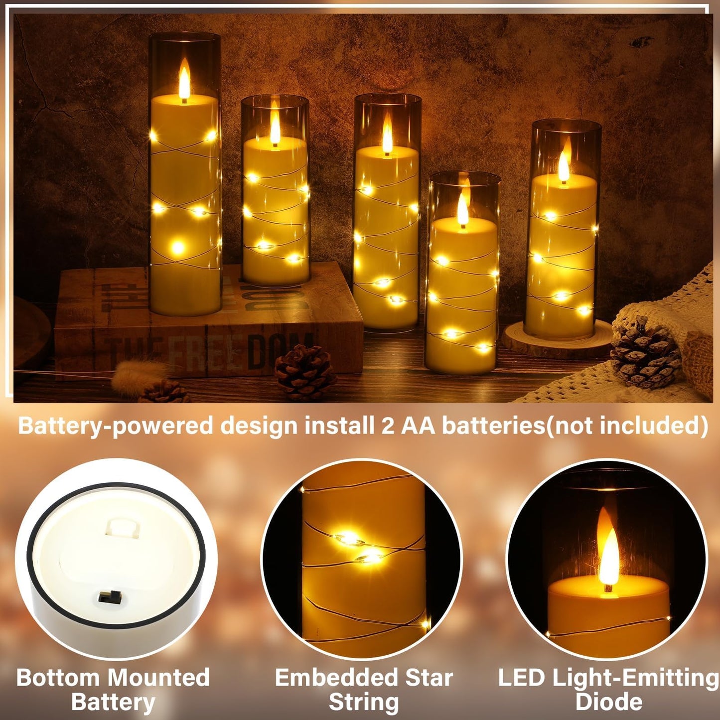 5 Pcs Christmas Pillar Flameless LED Candles 6 Inch Christmas Candles with Embedded Star String Battery Operated Flickering Candlestick for Xmas Holiday Party Wedding Decor