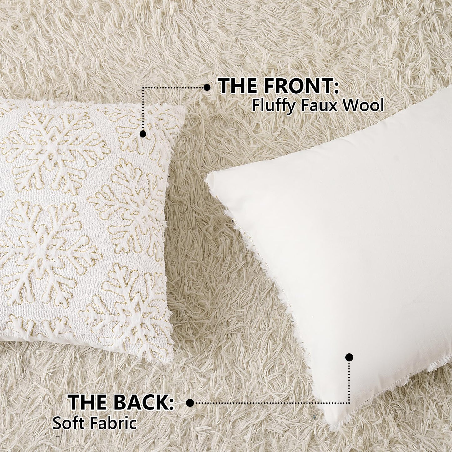 Emvency Christmas Throw Pillow Covers 18x18 Set of 2, White Golden Snowflakes Decorative Pillow Cases Soft Plush Faux Fur Wool Couch Cushion Case for Couch Bed Sofa Living Room Home Decor