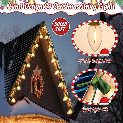 50 FT C9 LED Christmas Lights Outdoor With Clips, Large Bulb String Lights, Warm White Roofline Lights for House and Garden Xmas Decoration