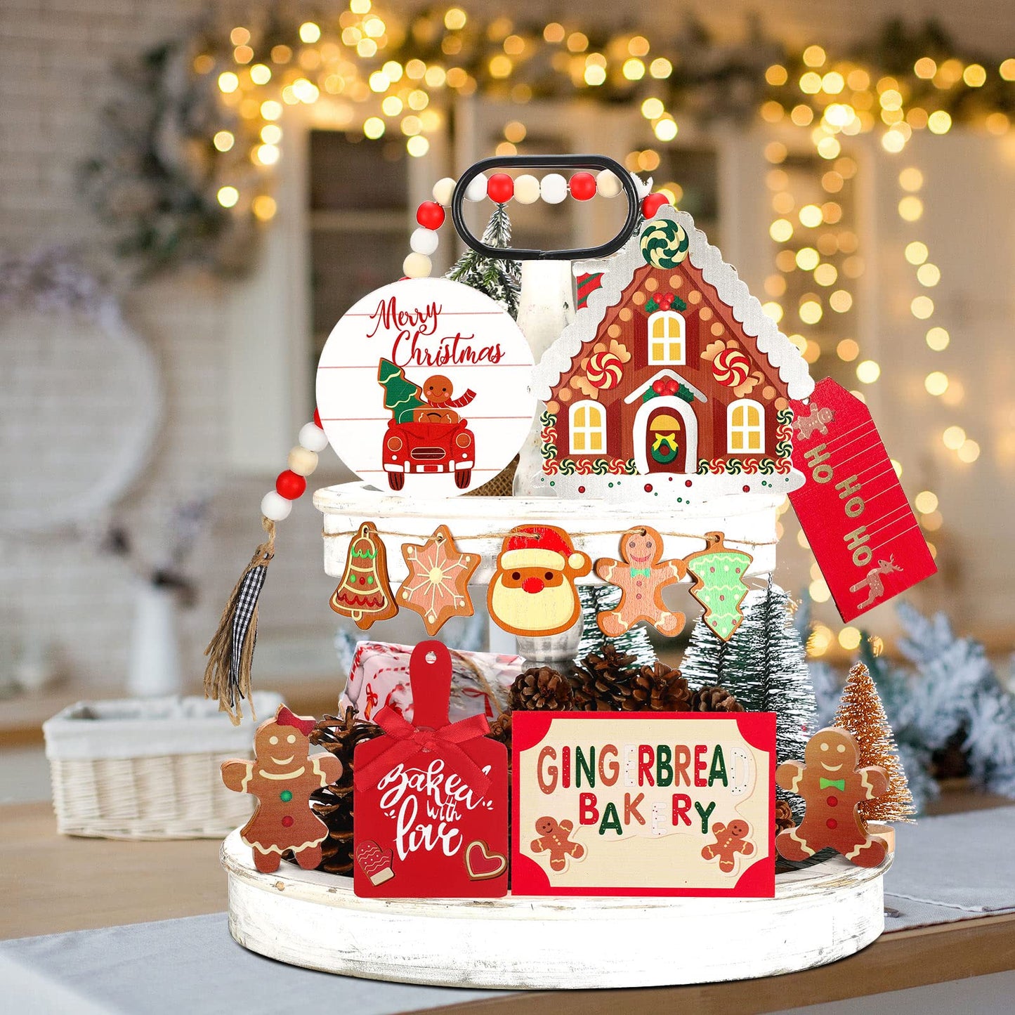 Bucherry 12 Pieces Christmas Gingerbread Tiered Tray Decor, Gingerbread House Xmas Tree Wooden 3D Signs, Winter Rustic Wood Farmhouse Tabletop Decorations for Home Table Shelf Centerpiece