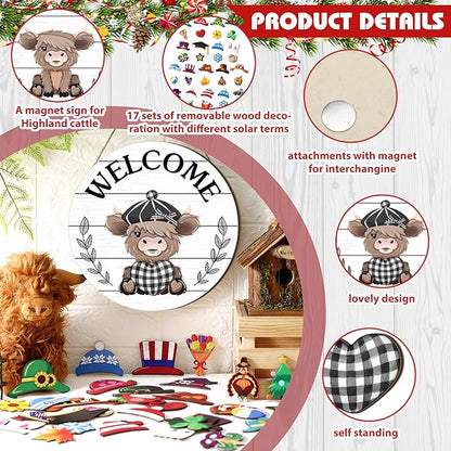 35 Pcs Christmas Interchangeable Highland Cow Welcome Sign Highland Cow Seasonal Wooden Hanging Door Decor Thanksgiving Farmhouse Hanging Sign for Front Door Xmas Party Decoration Gift(White)