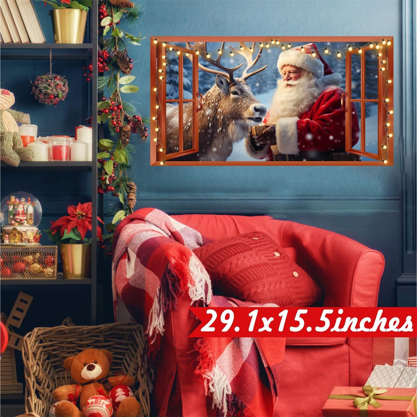 Merry Christmas Wall Decals Removable Santa Claus Reindeer Art Murals for Christmas Home Indoor Outdoor Decoration Fake Window Winter Wall Decal Xmas Vinyl Sticker for Farmhouse Holiday Party Supplies