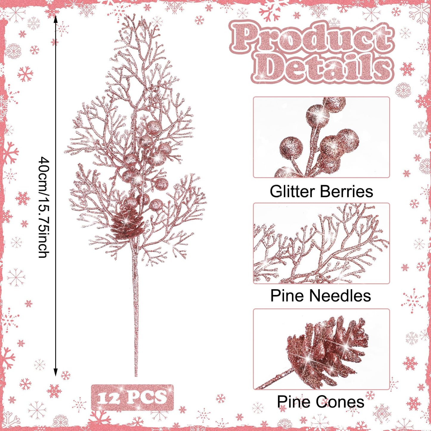Tigeen 12 Pcs Christmas Tree Picks Bulk Artificial Christmas Tree Filler Glitter Berries Stems Branches Floral Decorations 15.75'' Xmas Sprays Twigs Berry Picks for Vase (Rose Gold)