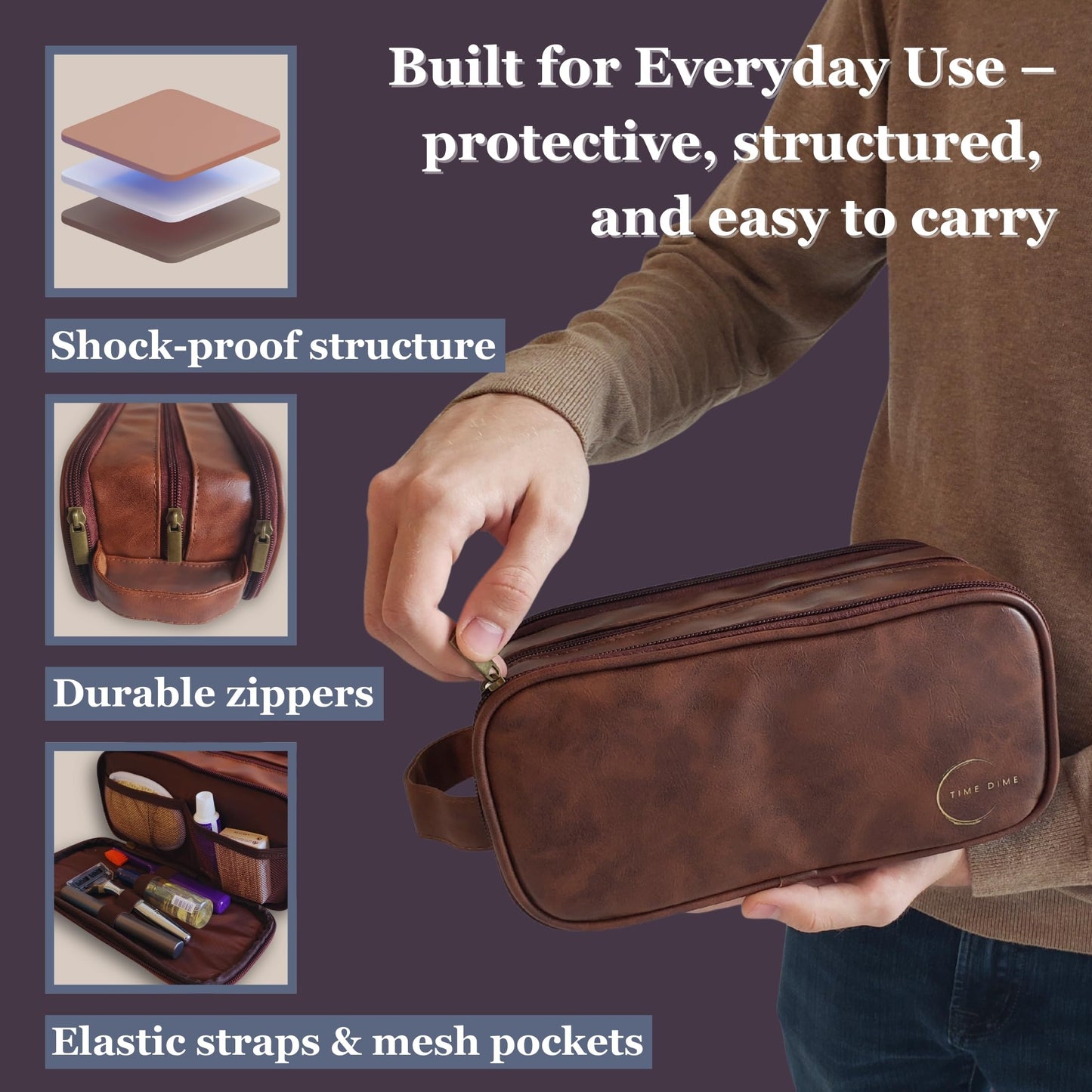 Time Dime Premium Men’s Toiletry Bag with Drawstring Pouch – Durable Water-Resistant Leather-Look Travel Organizer for Shaving, Grooming & Hygiene Essentials (Chestnut Brown)