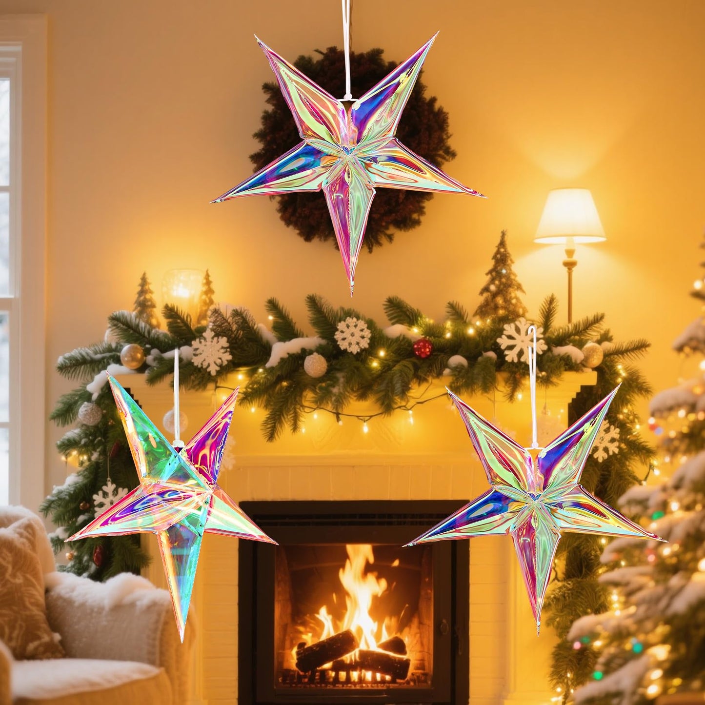 SUNBEAUTY 14 Inch 5 - Pointed Iridescent Christmas Lights Moravian Star 3D Christmas Party Decor Hanging for Wedding Birthday Showers Home Evening Party Window Decoration