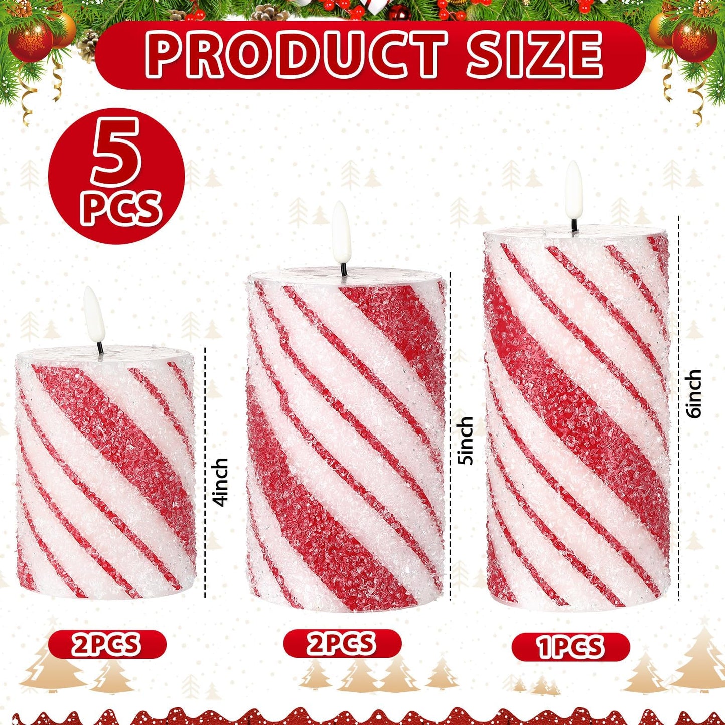 Lonfliness 5 Pcs Christmas Stripe Flameless LED Candles 6 Inch Christmas Candy Cane Candles with Sea Salt Granules Battery Operated Flickering Candlestick for Xmas Holiday Party Wedding Decor