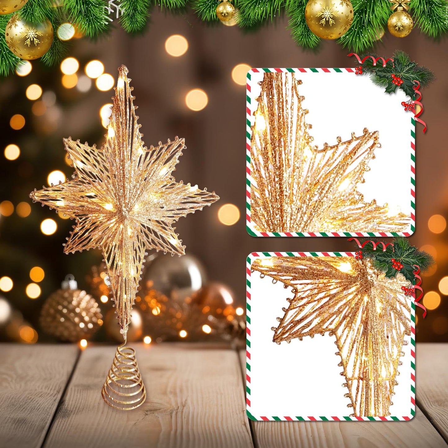 Christmas Tree Topper 15" Golden Glittered Star Tree Topper with 30 LED Lights Xmas Tree Topper Star for Xmas Decorations Ornaments Holiday Party Indoor Decor