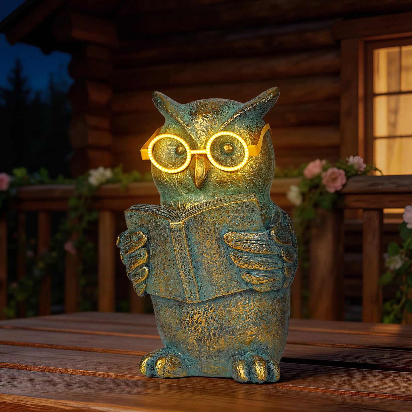 zuzuzen Reading Owl Statue with Solar Glasses Bronze Resin Garden Decoration Outdoor Figurine Light for Patio, Yard, Lawn, Housewarming Home Decor Gift for Women