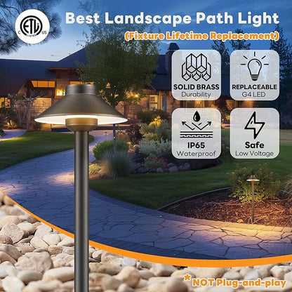Gardenreet Solid Cast Brass Pathway Light - 12v Landscape Pathlights Outdoor Waterproof, Electric Path Lights Wired, Hat Shape Antique Bronze for Garden Decorations G4 Bulb Not Included (12 Pack)