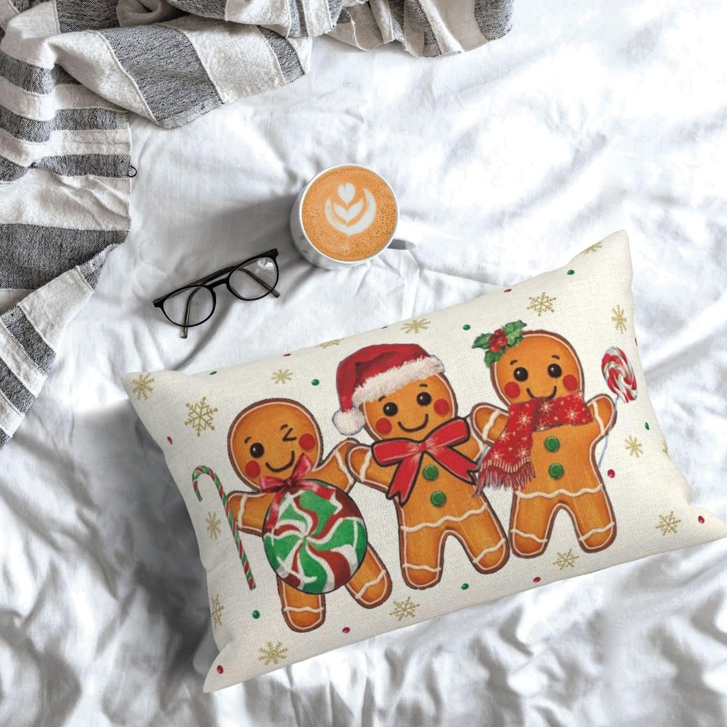 OFIRD Christmas Pillow Covers 12x20 Pack of 2 Brown Gingerbread Man Snowflake Throw Pillow Covers Winter Holiday Decorative Pillowcase Farmhouse Linen Cushion Case for Sofa Couch Christmas Decor