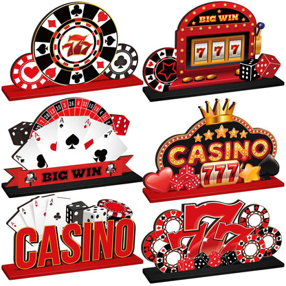 CroBlissful 6 Pcs Casino Theme Table Centerpieces Casino Theme Party Decorations Poker Chips Poker Machines Dice Spades Wooden Signs for Birthday Party Decoration