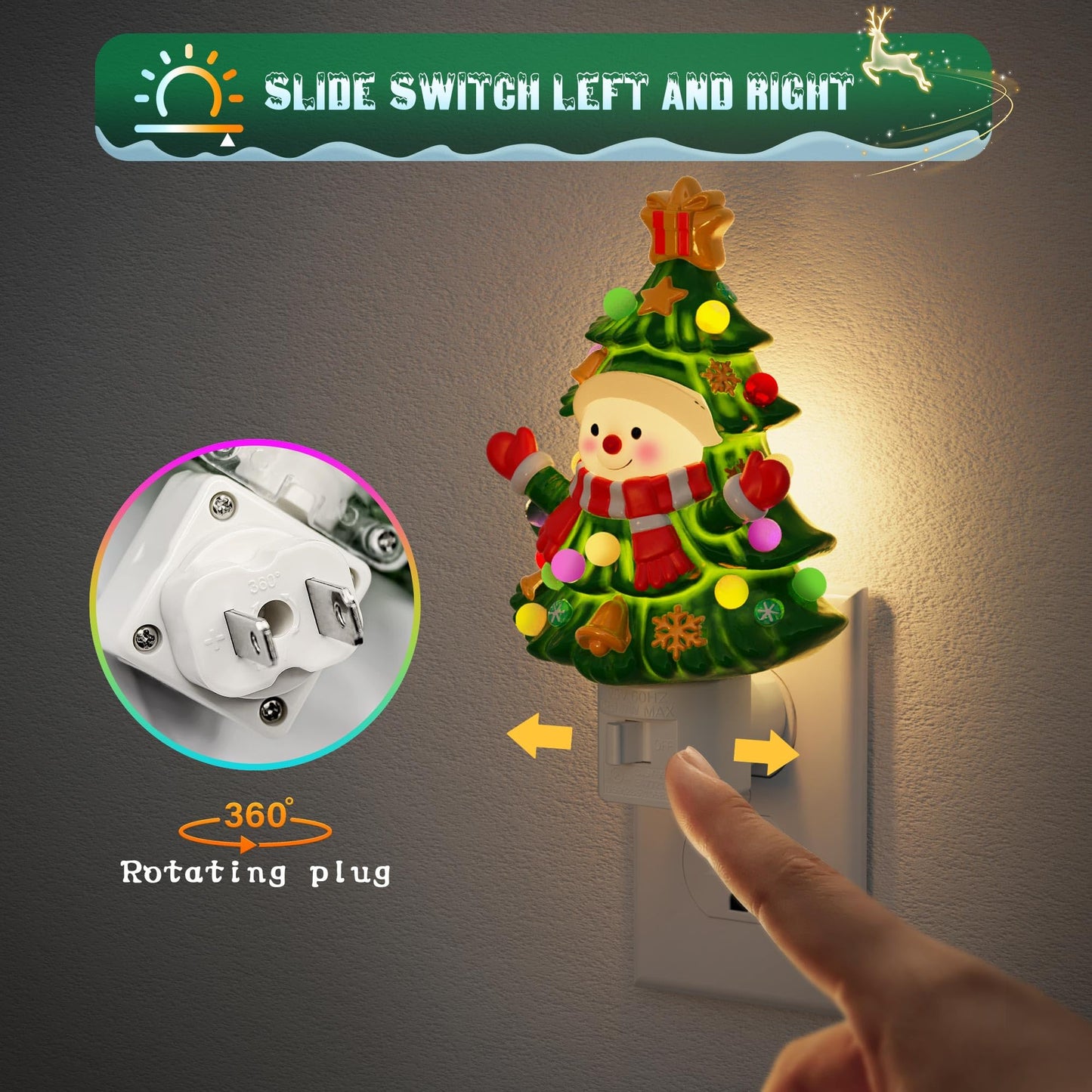 JandCase Christmas Tree & Snowman Night Light, 3000K Night Lights Plug into Wall,Cute & Funny Ceramics Christmas Night Light for Kids, 360° Rotatable for Home Party Decor,1 Pack