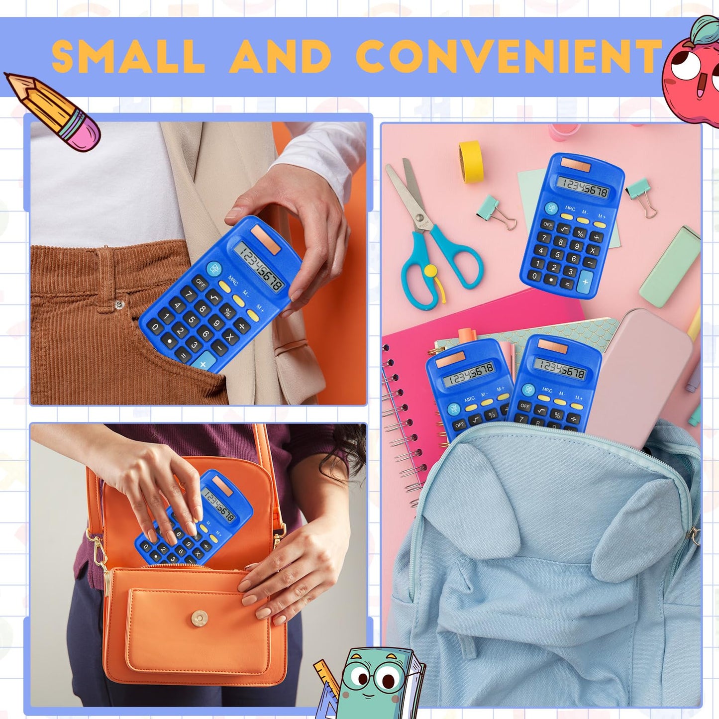24 Packs Pocket Size Mini Blue Calculator Basic Calculators for Handheld Angled Students 8 Digit Display Solar Battery Dual Power Small Calculator for Students Kids Home Office
