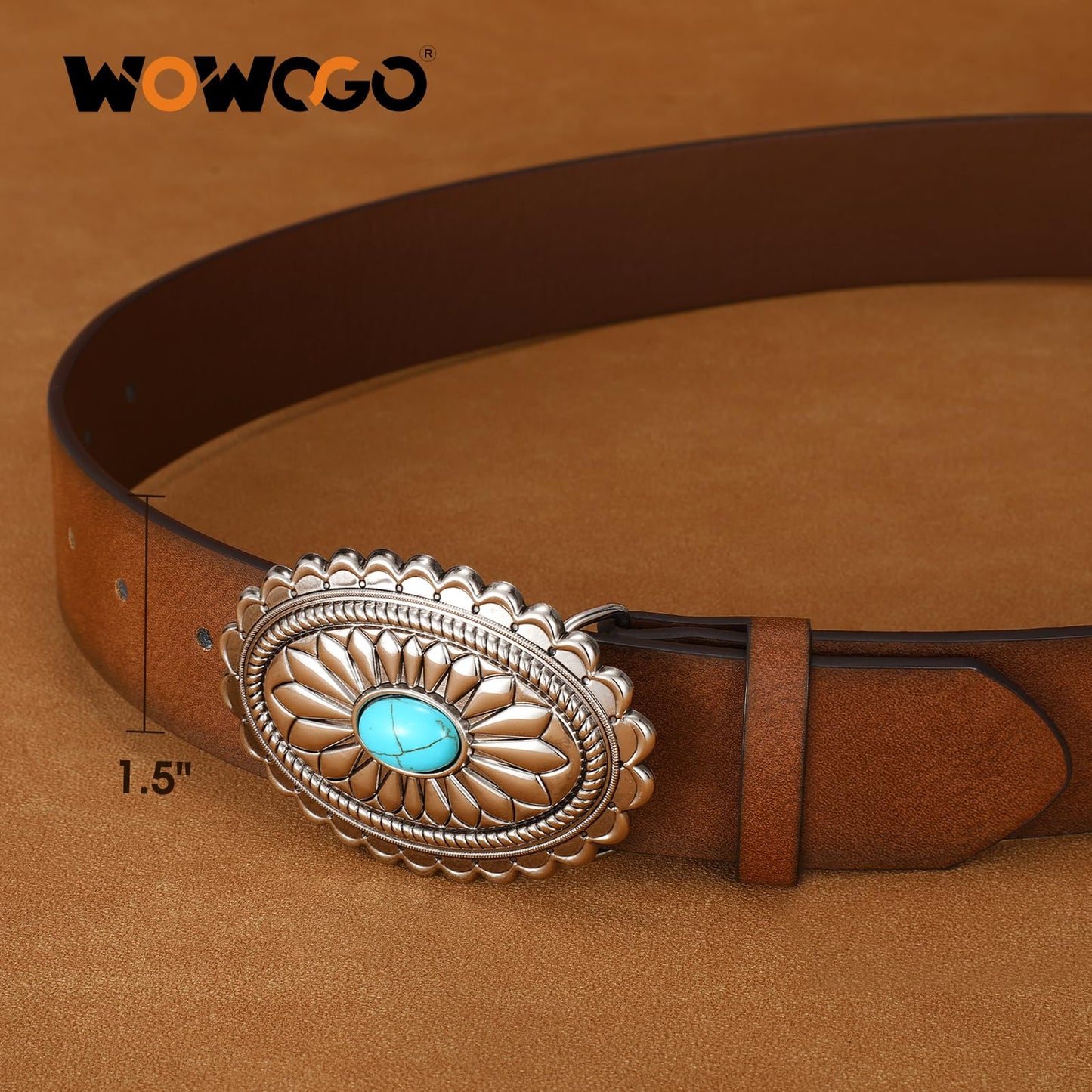 WOWOGO Women-Western-Cowgirl-Belt-Country-Concho Vintage Leather Belt with Concho Turquoise Buckle,Coffee