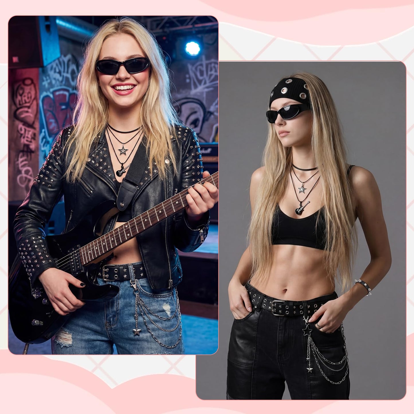 JATEBI 8 Pcs Gothic Punk Rock Accessories for Women, Y2K Accessories Set Black Studded Belt Bracelets Grommet Headband Punk Star Pants Chain Necklaces Earrings Sunglasses for Women