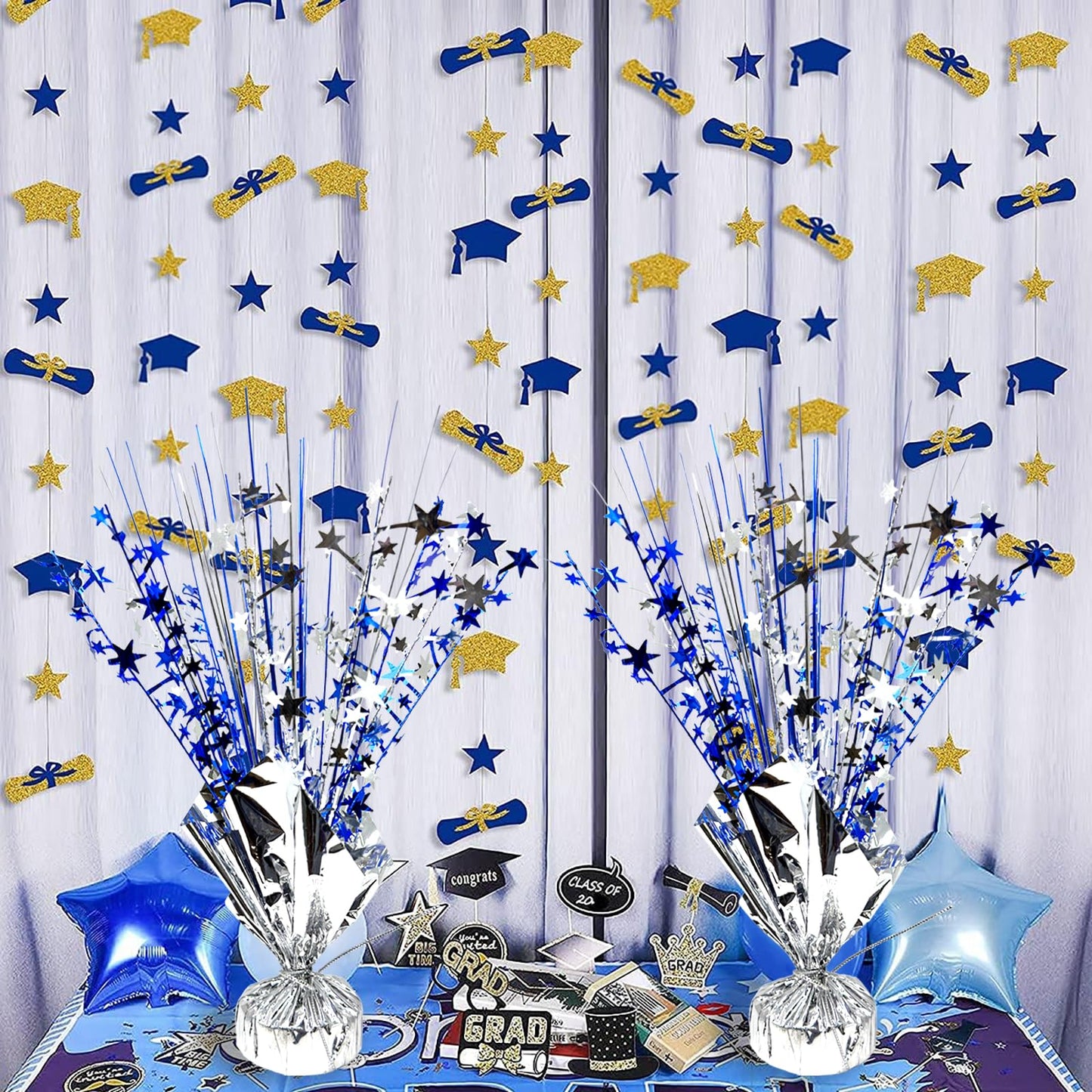 FUBININA 6 Pack Metallic Foil Spray Centerpiece Star Table Decoration Burst Table Centerpieces for Birthday Wedding Anniversary Graduation Holiday Party Supplies Decor, Silver Blue