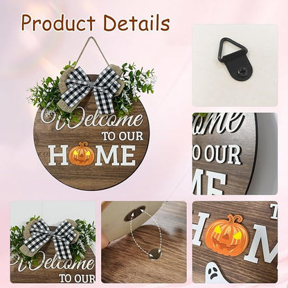 Interchangeable Seasonal Welcome Sign Front Door Decoration, Rustic Round Wood Wreaths Wall Hanging Outdoor Decor for Spring Summer Autumn and Winter All Seasons Holiday Halloween Christmas