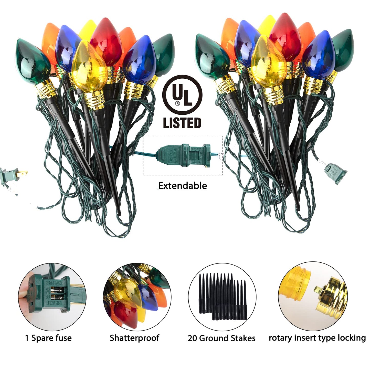 2 Pack C9 Christmas Pathway Lights Outdoor, Total 34.8 Ft 20 LED C9 Pathway Light, Waterproof Connectable Walkway Lights for Yard Ground Sidewalk Driveway Christmas Decorations