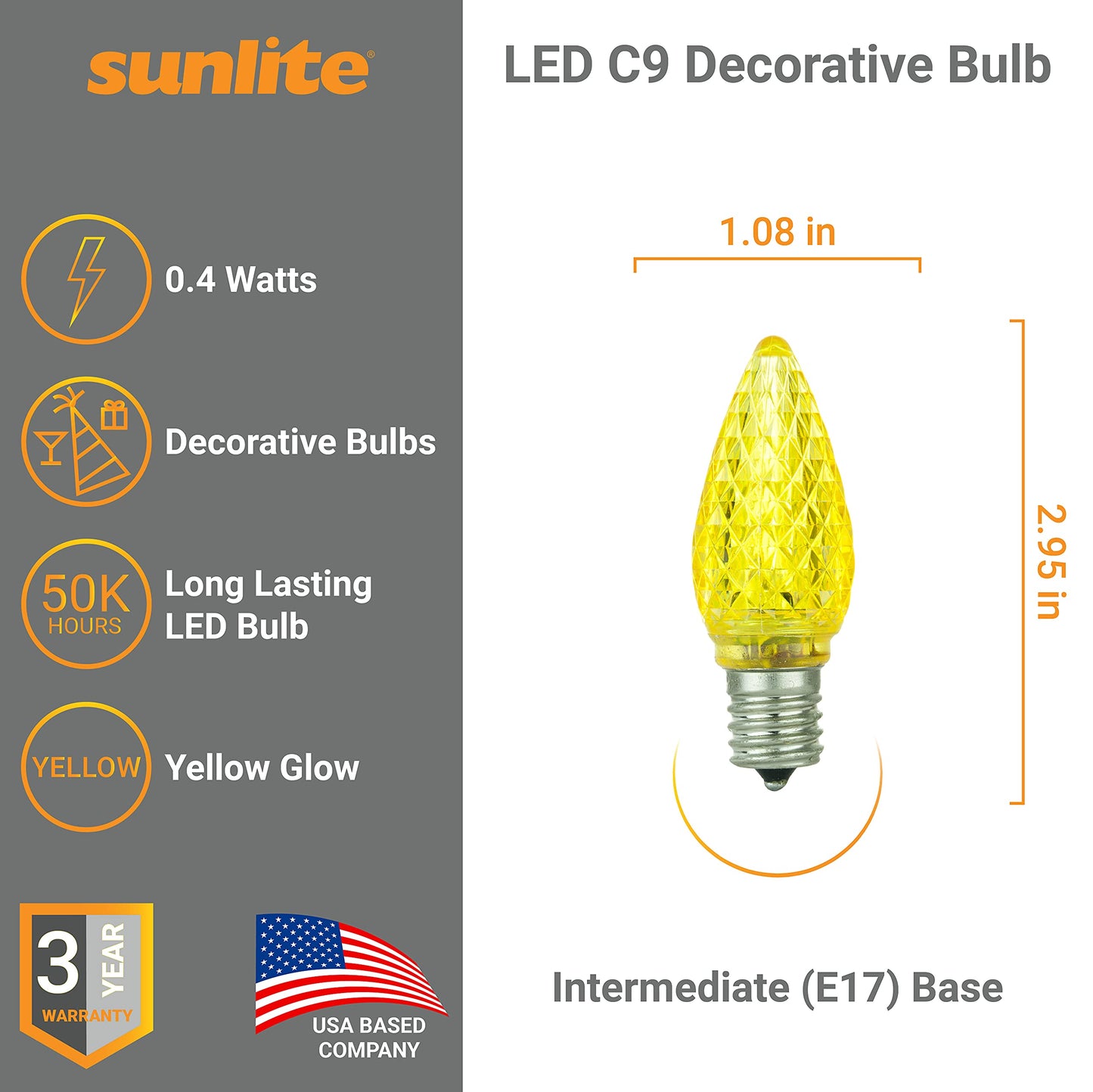 Sunlite 80709 LED C9, Holiday Decorative Light Bulb, 0.4 Watts, E17 Intermediate Base, Faceted Christmas-Lights; Nightlight, Yellow, 6 Count