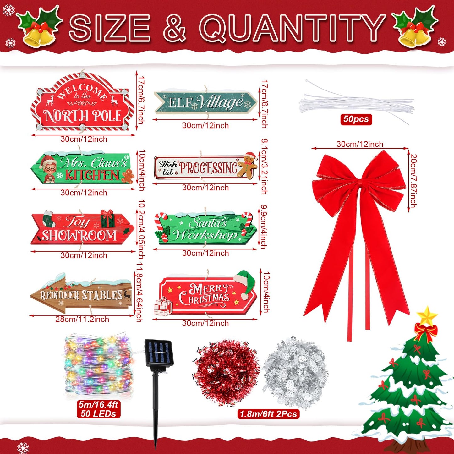 Colingmill Christmas Lamp Post Light Decorations with 8 Merry Christmas Yard Wooden Signs 16.4ft 50led Solar Light String 2 Xmas Tinsel Garlands Red Velvet Bow for Outdoor Holiday Post Lamp Yard Decor