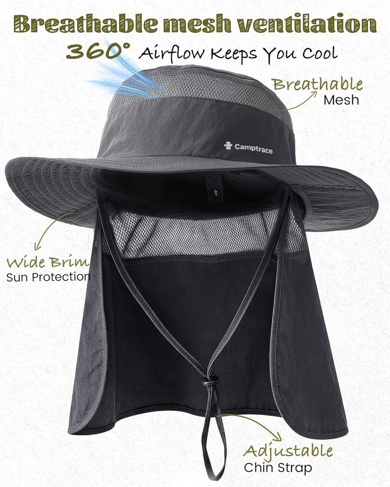 Camptrace UPF 80+ Sun Hat for Men & Women - Wide Brim Mesh Protection with Neck Flap | Ideal for Fishing, Hiking, Gardening