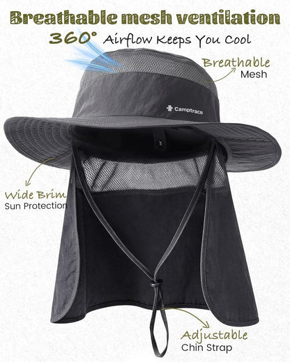 Camptrace UPF 80+ Sun Hat for Men & Women - Wide Brim Mesh Protection with Neck Flap | Ideal for Fishing, Hiking, Gardening