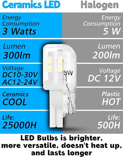 T10 194 168 LED Dome Light Bulbs, 300lm 6000K White Super Bright 2825 W5W LED Interior Bulbs, 3w AC/DC12V-24V T10 Wedge for RV Car Dome Map Door Courtesy Trunk License Plate Light, Non-Dimmable, 2pcs
