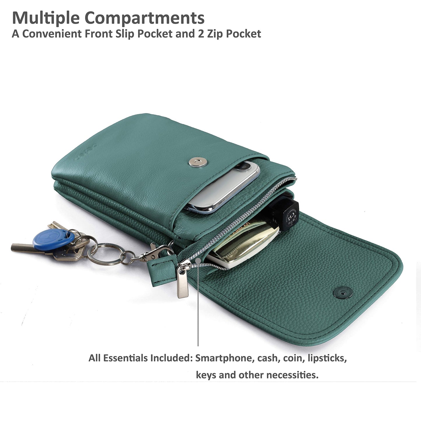 befen Genuine Leather Cell Phone Purse Crossbody, Small Travel Crossbody Bags for Women Trendy Spring Summer, Fit iPhone 15 - Hunter Green
